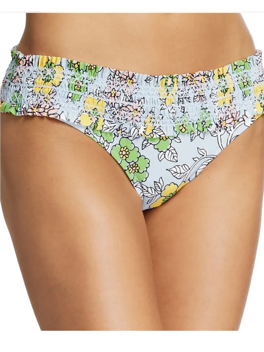 Tory Burch Light Blue Costa Floral Smocked Hipster Bikini Bottom